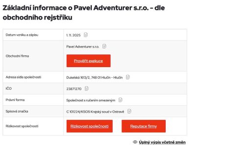 1.11.2025 - Založení Pavel Adventurer s.r.o. 